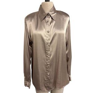 Vintage Yves St. Clair Taupe Satin Button-Up Blouse Long Sleeve Top